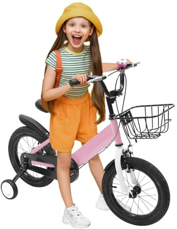 CUMELLIIR Vélo pour enfant de 14 pouces garçons et filles avec roues stabilisatrices, réglage de la hauteur, vélo pour enfants à partir de 3 à 6 ans, rose