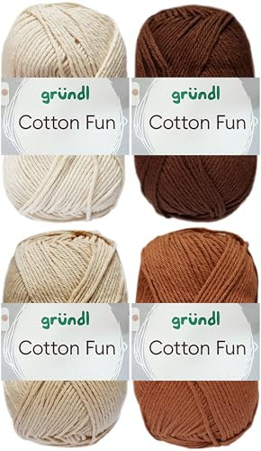 4x50 Gramm Gründl Cotton Fun Häkelgarn aus 100% Baumwolle inkl. Anleitung für Einkaufsnetz Bunt Mix Set (Set 2 (Braun Mix))