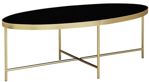 Design Couchtisch Glas Schwarz - Oval 110 x 56 cm mit Gold Metallgestell | Großer Wohnzimmertisch | Lounge Tisch Glastisch