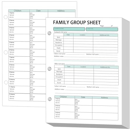 3 Hole 12th Generation Family Group Sheets,Two-Sided Blank 8.5×11 inch Genealogy Forms Family Tree Charts Genealogy Worksheets Archival Supplies for Research Ancestry Family Member History,50 Pcs