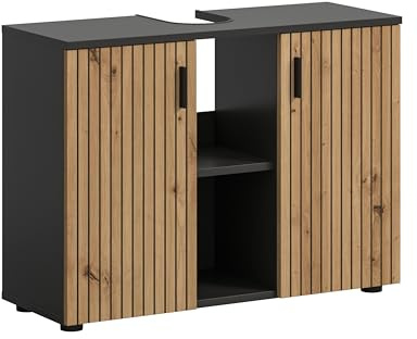 xonox.Home Meuble sous-lavabo Mone 80 x 59 x 30 cm - Corps : Imitation Basalte et façade Imitation chêne Artistique - Meuble de Salle de Bain Moderne pour lavabo - Chaud et Naturel