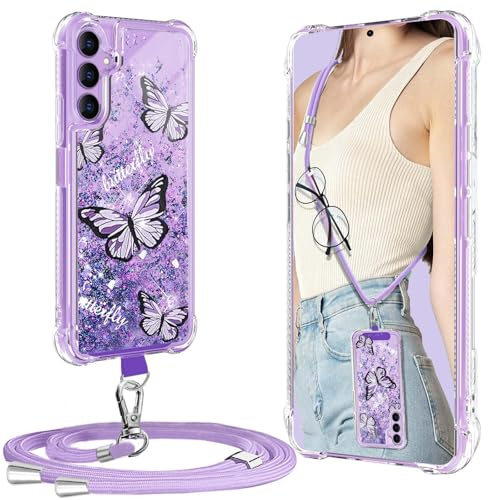 XCYYOO Cover per Samsung Galaxy A14 5G con Cordino,Custodia per Samsung Galaxy A14 5G con Tracolla Collana Silicone Trasparente,Antiurto Glitterato Cellulare Protettiva Case - Viola