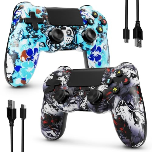 ISHAKO Manette pour PS4/Pro/Slim, motif graffiti Tête de mort et flammes | Haut-parleur intégré, prise audio 3,5 mm, capteur de mouvement 6 axes, double vibration