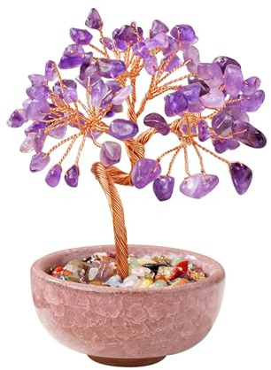 JurciCat Geldbaum Feng Shui Deko 81-Kristall Edelstein Baum Steinschalen Mit Sockel spirituelle deko für Geschenk und Glück(Amethyst)