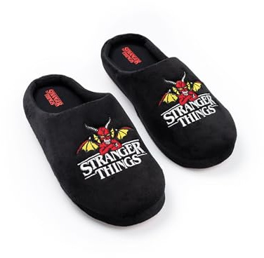 Stranger Things Unisex Black Logo Mule Slippers | Indoor Lounging Footwear with TV Show Design | Comfortable Slippers for Relaxing at Home Merch
