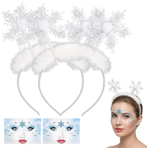 4 Stück Schneeflocke Zubehör (2 Schneeflocken Haarband, 2 Gesichtsticker),Schneeflocke kostüm für Winterfeste, Karneval und Themenpartys