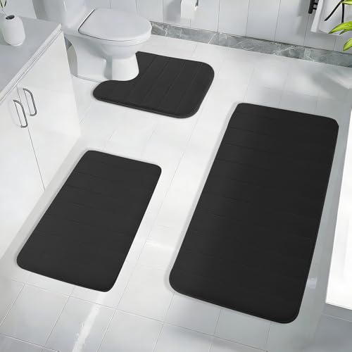 Jonuin Non-Slip Bath Mat Set, 3 Piece Memory Foam Bathroom Rugs with PVC Non-Slip Backing, Water Absorbent Bathroom Mats & U-shaped Toilet Mat, Soft Shower Mats for Bathroom Floor
