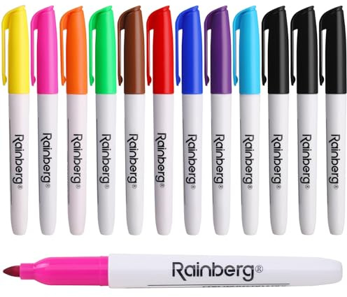 Rainberg Dry Erase Marker Pens, Pack of 12 Assorted Colours, 3mm Fine Tip, Low Odour, Quick-Drying & Easy Wipe, Ideal Dry Wipe Whiteboard Pens for School, Office, Home & Classroom