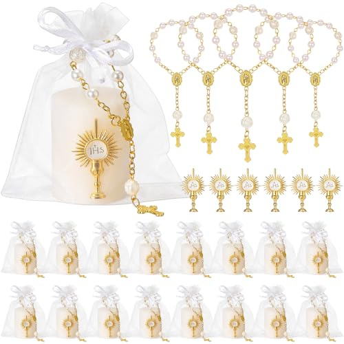 MTLEE 16 Set Baptism Party Favor Bulk Baptism Candle Rosary Set