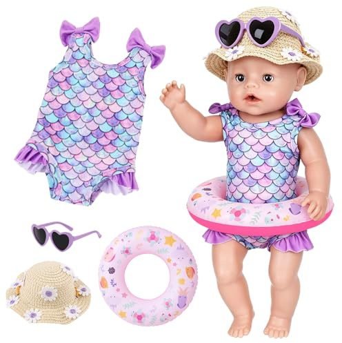 4 Stück Schwimmset für 36-43cm Puppen, Lila Puppenkleidung mit Meerjungfrau Schwimmset Schwimmring Sonnenbrille Gänseblümchen-Strohhut, Puppen Zubehör für 14-17 Zoll Schwimmpupp Geschenk für Mädchen
