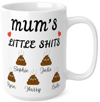 Personalised Mum Mug, “Mum’s Little Sh*ts” Funny Custom Name Mug, Rude Humour Gift for Mum, Custom Kids Names Mug, Mother’s Day, Birthday Gift for Her (White 15oz, Mug)