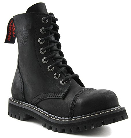 Angry Itch - 8-Loch Gothic Punk Army Ranger Armee Vintage Leder Schwarz Stiefel mit Stahlkappe 36-48 - Made in EU!, Schwarz, 44 EU