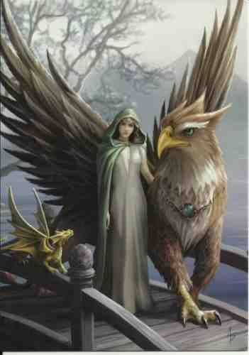 Realm of Tranquility - Gothic Angel & Griffin/Hippogriff with Dragon Greetings Card with Patterned Envelope - by Anne Stokes - Blank for Your Own Message and Any Occasion