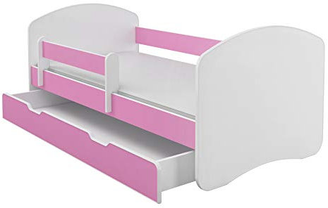 ACMA Kinderbett Jugendbett mit Einer Schublade und Matratze Weiß II (180x80 cm + Schublade, Rosa)