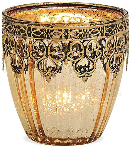 matches21 Windlicht Kerzenglas Glas Teelichtglas Orientalisch Marokko Design Gold antik Metalldekor 1 STK Ø 8x9 cm