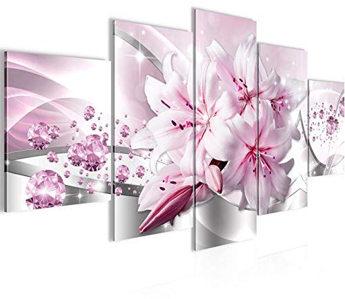 Runa Art - Quadri Fiori Gigli 200 x 100 cm 5 Pezzi XXL Decorazione Murale Design Rosa Grigio 021851c
