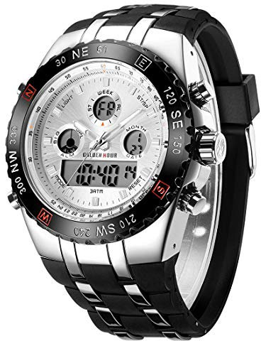 Herren Sport Chunky Uhren Wasserdicht Stoppuhr Datum Alarm Licht Digital Analog Militär Armbanduhr für Herren mit Kautschuk Band in Silber Weiß