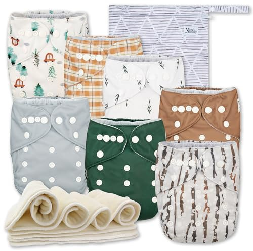 Nora's Nursery Cloth Diapers 7 Pack with 7 Inserts & 1 Wet Bag - Waterproof Cover, Washable, Reusable & One Size Adjustable Pocket Diapers for Newborns and Toddlers - Woodlands