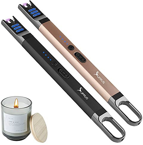 SUPRUS Kerzenfeuerzeug, elektrisches Lichtbogen-Feuerzeug, Winddicht, flammenlos, wiederaufladbar, über USB mit LED-Licht für Kerze, Camping, Grillen, Kochen (Schwarz+Gold)
