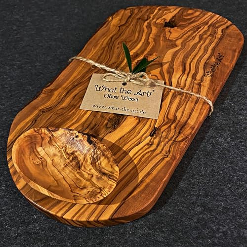 What the Art!® Olive Wood «Little Rustic» | Olivenholz Schneidebrett + Dip-Schälchen | Handarbeit | ca. 32-35 x 16-20 x 2 cm | Käsebrett - Hackbrett - Tranchierbrett - Servierbrett