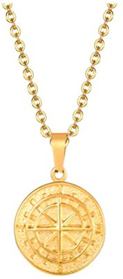 PAURO Herren Halskette Edelstahl Retro Runder Kompass Anhänger Punk Gold mit O-Kette