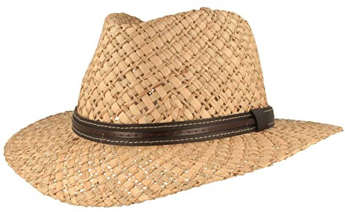 Breiter Chapeau de Paille d'été Chapeau de Soleil – Tressé à la Main 100% Paille – Traveller – Particulièrement Léger, Flexible, Doux pour la Peau et Confortable – Beige – Naturel - Marron 2, M 56