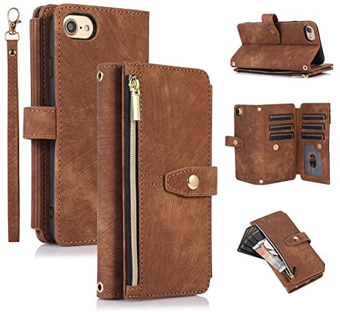 UEEBAI Custodia per iPhone SE 2022 5G/iPhone 7/iPhone 8/iPhone SE 2020, 9 slot per schede Portafoglio antiurto Flip Cover con Slot carte con cerniera Tasca borsa per iPhone SE3/SE2 - Retro marrone