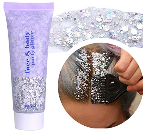 Prreal Body Glitter 50ml, Mermaid Sequins Chunky Glitter Liquid Gel kit, Long-Lasting Glitter Powder For Festival Masquerade Birthday Makeup#Sliver