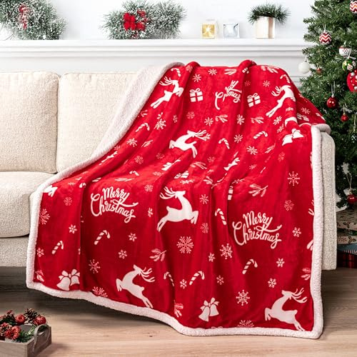 PAVILIA Premium Christmas Sherpa Throw Blanket | Christmas Decoration Gift, Fleece, Plush, Warm, Cozy Reversible Microfiber Holiday Blanket | Red Reindeer - 50x60