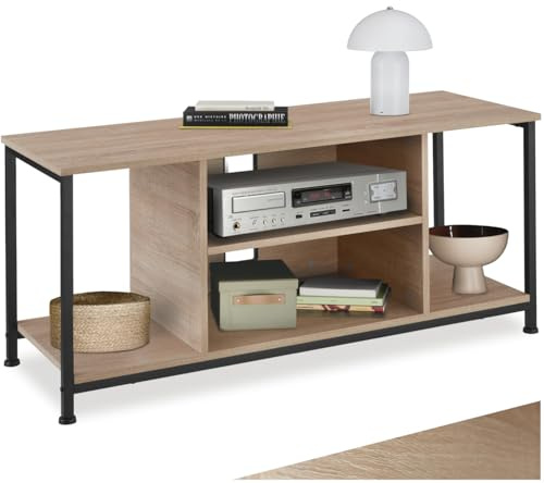 tectake® TV Unit with 4 Open Compartments & Adjustable Shelf, Wood-Look Console Table with Steel Frame & Cable Cutouts, Sideboard for Living Room, Hallway, Bedroom, 110 x 40 x 50.5 cm - Light Wood