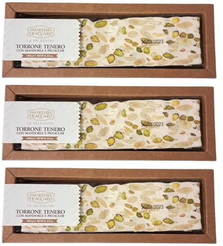 Torrone Artigianale Tenero alle Mandorle e Pistacchi, Senza Glutine, 3 Torroni da 180 gr - Pasticceria Fraccaro 1932, Torrone Morbido Artigianale con Mandorle e Pistacchi Tostati - Dolce per Celiaci