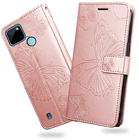 DENDICO Funda para OPPO Realme C21Y / Realme C25Y, Magnético Libro Funda de Cuero PU para OPPO Realme C21Y / Realme C25Y, Diseño en Relieve Carcasa con Ranura para Tarjeta, Oro Rosa