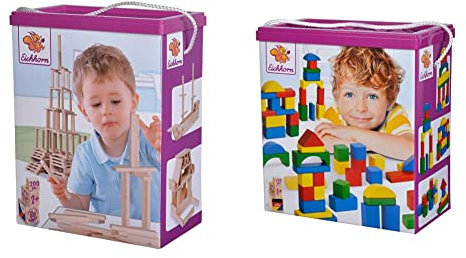 Eichhorn 100001612 Holzbaukasten Holzsteine zum Bauen & 100010181 150 Bunte Holzbausteine in der Aufbewahrungsbox mit Kordel und Sortierdeckel