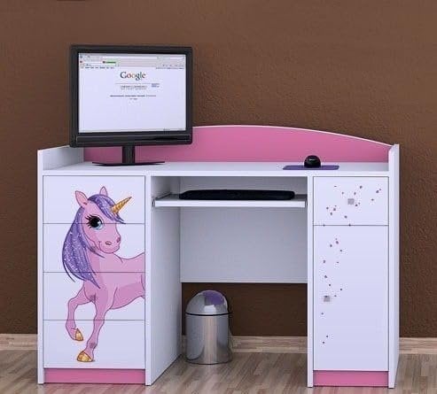 Happy Babies Scrivania per cameretta dei bambini, 125 x 89 x 60 cm, bianco e rosa, ufficio con ripiano per tastiera, scrivania per computer con cassetti, motivo unicorno