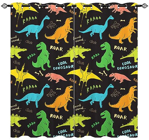 YUANZU Dinosaurier Vorhänge Kinder Gezeichnet Dino Doodles Ösen Gardinen mit Blickdichte Vorhang Kälteschutz Blackout Curtain Kinderzimmer Schlafzimmer Verdunkelung Fenster, 2 Stück, H 213 x B 132 cm