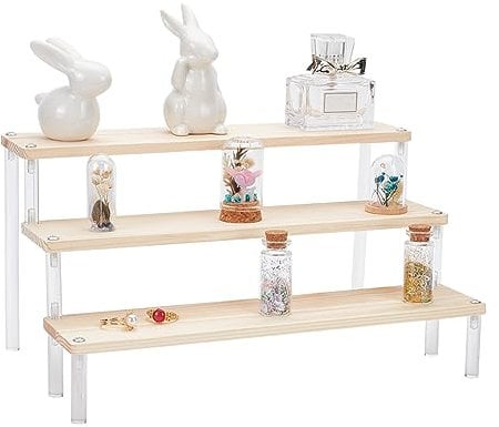 FINGERINSPIRE 3 Tier Wood Tiered Display Riser Clear Acrylic Display Ladder with Screwdriver Cupcake Organizer Holder, Item Stand for Perfume, Desserts, Action Figures or Collection(30x21x16cm)