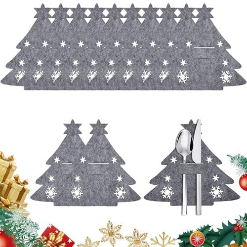 Lot de 12 Porte Couverts de Noël, Sac à Couverts de Noël, Porte Couvert en Feutre de Noël, Porte Couverts pour Sapin de Noël, Paniers à Couverts Noël, Décoration de Table Pour Fête de Noël (gris)