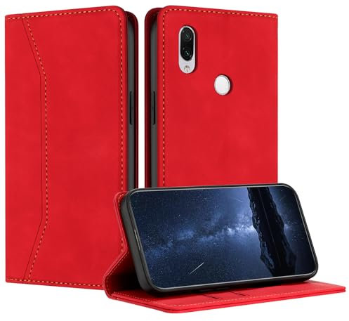 Mo-Beauty Coque Compatible avec pour Xiaomi Redmi Note 7, Etui Protection Housse Premium en Cuir PU Portefeuille Rabat Clapet Case, Pochette Flip Fermeture Magnétique Étui Case Coque Cuir (Rouge)