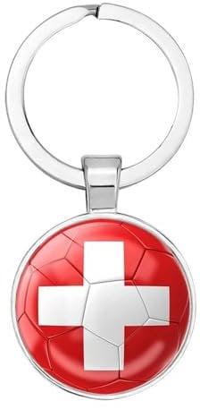 Art Attack Switzerland Flag Soccer Keychain, Swiss Red Crosses National Football Team Accessories History Party Favor Fan Car Key Chain Ring Pendant Charm (Silver), Silver, S