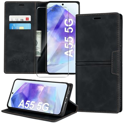 Guisessy Handyhülle für Samsung Galaxy A55 5G Hülle Leder mit Schutzfolie, PU Leder Flip Schutzhülle für Samsung A55 Case Klappbar Ständer Kartenfach Wallet Klapphülle, Schwarz