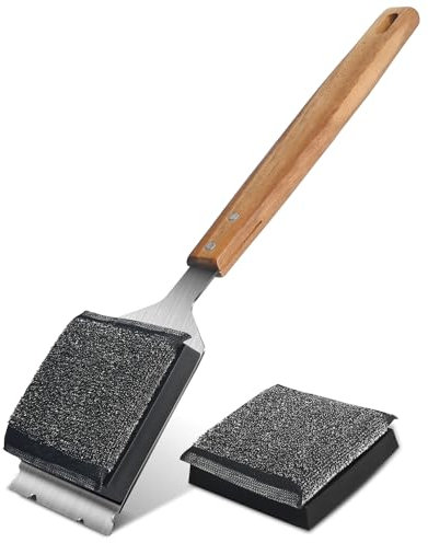 Grillbürste Grillreinigungsbürste – Grillbürste für Outdoor-Grill mit 1 Ersatz-Reinigungskopf, Grill-Reinigungsbürste, borstenfrei, mit Edelstahlschaber und Holzgriff für die meisten Roste