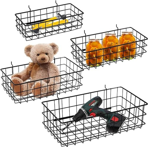 4 Pack Pegboard Baskets Bins Set, Square Style 4 Size Black Metal Wire Shelves Hooks to Any Peg Board - Organize Tools, Workbench, Accessories, Garage Storage Wall Mount Organizer Attachments