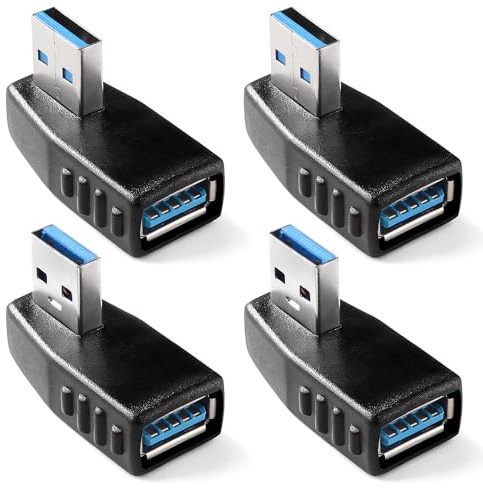 KUOQIY 4 Pezzi Adattatore ad Angolo USB 3.0 a 90°, Adattatore USB 3.0 90 Gradi Maschio a Femmina Combo Angolo Sinistro e Destro Connettore, Adattatore Angolare da USB a USB