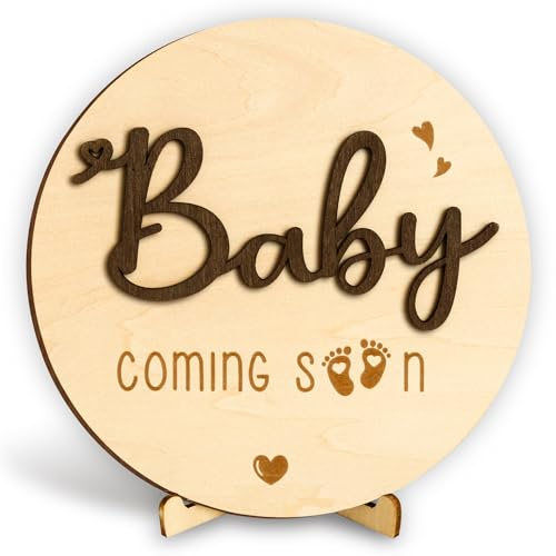 Woodamore Baby Coming Soon Ankündigung - Holz Doppelseitiges Schwangerschaftsschild für Krankenhaus, Welcome Hello World Neugeborene, Name Geburt