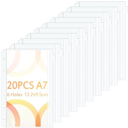 A7 Binder Taschen 20 Stück, Caianwin PVC 6 Löcher Reißverschluss Ordner, Wasserdicht Kunststoff Bindertaschen, Transparent Geld Budget Umschläge, Budget Planer Zubehör für Binder A7