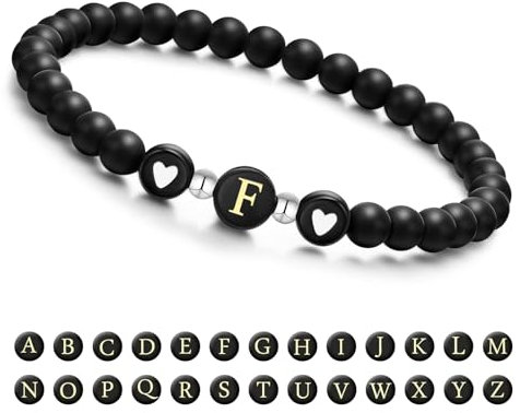 Armband Damen mit Buchstaben und Herz - Partnerarmbänder Freundschaftsarmband mit 6mm Naturstein Perlen Personalisierte Geschenke Armband Paare Mädchen bff Schwesterherz Mutter und Tochter (Schwarz-F)