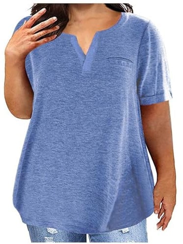 Keepink Women Oversized Tops Casual Short Sleeve Shirts Plain Summer Loose T Shirts V Neck Tunic Blouses Athletic Gym Top with Pockets Tee Ladies T-Shirts Plus Size L-5XL UK