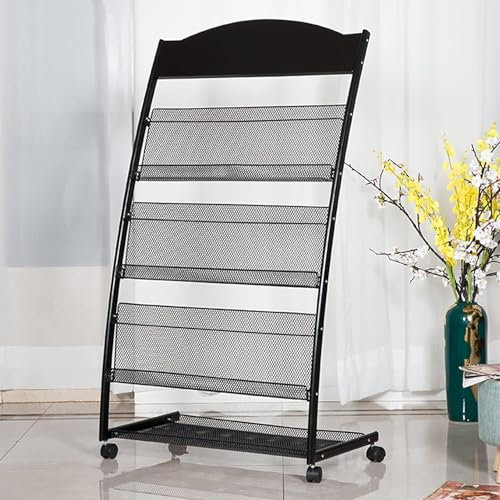 Bodenständer für Zeitschriften mit 4 Ablagen und Rollen, schwarzer Zeitschriftenhalterständer, Prospektständer für das Wohnzimmer zu Hause, einfach zu montieren