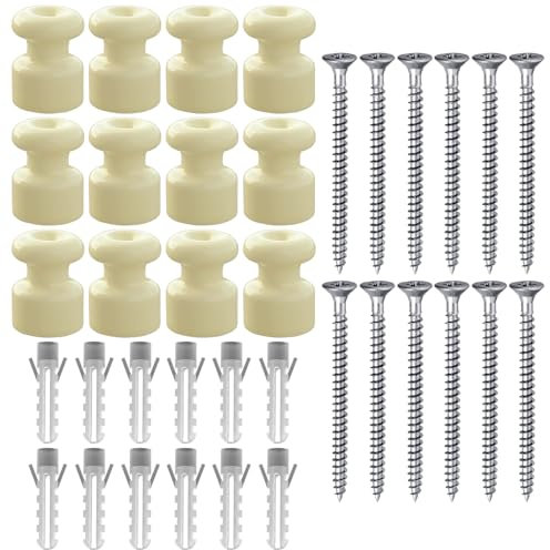 OASHISU 12 Stück Vintage Isolatoren aus Porzellan für Textilkabel Porzellanisolatoren Aufputz Kabelhalter Kabelführung Retro Wandpins Wand und Deckenpins, Beige, Ø18mm Keramik-Isolatoren