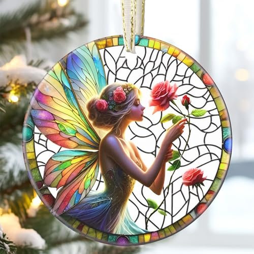 Christbaumschmuck aus Keramik, 8,9 cm, bezaubernde Fee und Rose, Weihnachtsschmuck, Erbstück-Andenken, Geschenkaustausch, Geschenkidee, Kugelgeschenk